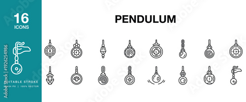 Pendulum icon set. Includes pendulum, swing, oscillation, motion, gravity and More. Editable Stroke Icon Collection.