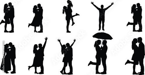 Silhouette couples in romantic poses hugging, kissing, lifting, standing under umbrella, expressive love illustration showcasing affection, connection, and human relationship emotions