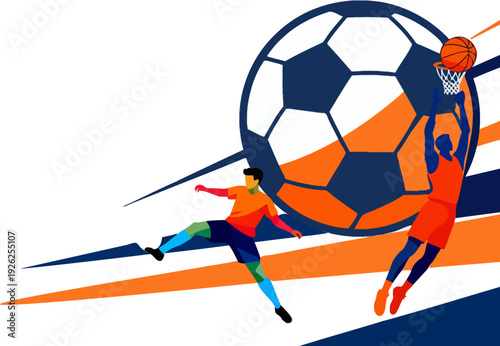 Elite Sports Championship Vector - World Cup Soccer Kick and Basketball Slam Dunk Action