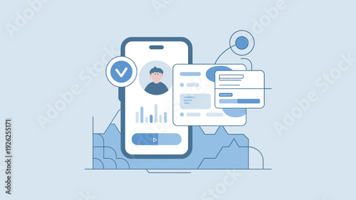 A smartphone with a verified profile and data visualization on its screen in a digital illustration.