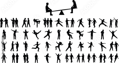 Silhouette people in dynamic and static poses including seesaw, walking, dancing, running, jumping, social interaction, expressive human motion illustration design