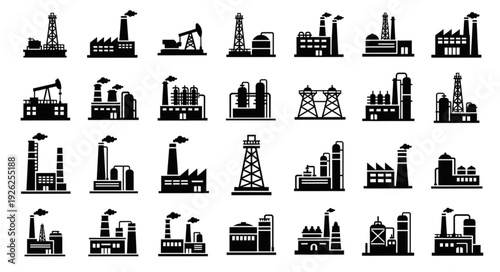 Industrial factory silhouettes representing manufacturing and production facilities in various designs.