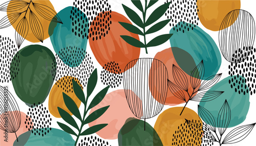 Vibrant illustration of leaves and plants in a whimsical arrangement, showcasing nature's beauty from a bird's eye view