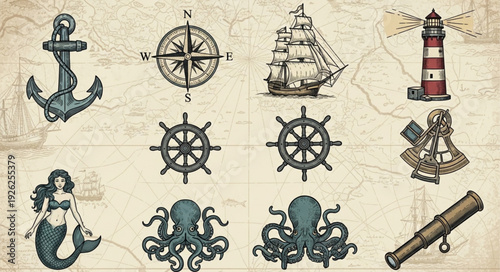 Nautical themed illustrations featuring anchors, compasses, ships, and other maritime elements.