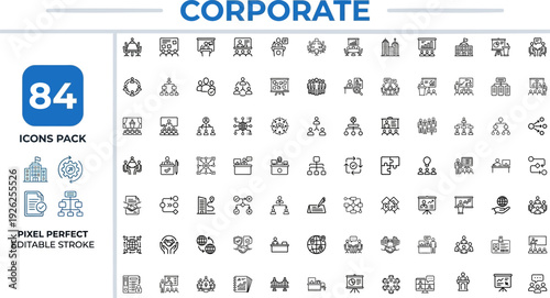 Corporate Business and Teamwork Outline Vector Icon Set — Management Collaboration Organization and Meeting Editable Stroke Icons for App UI