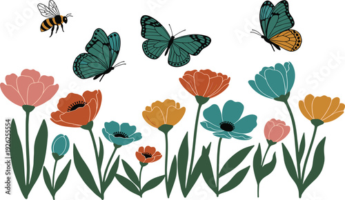 Colorful flowers and butterflies in a vibrant garden scene viewed from above