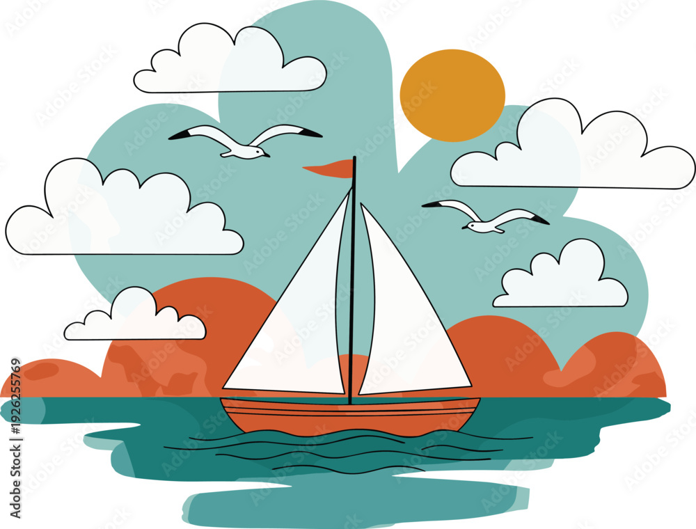 Naklejka premium Sailboat glides across serene ocean waters under sunny sky with fluffy clouds and seagulls flying overhead