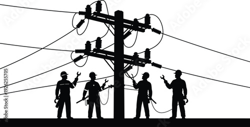 Silhouette utility workers with tools repairing electrical infrastructure, standing near power pole with insulators and wires, essential teamwork maintenance in urban distribution system