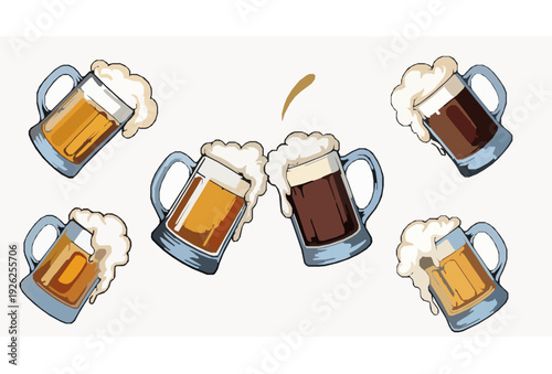 Hand Drawn Clinking Beer Mugs Celebration Vector Illustration Isolated on White