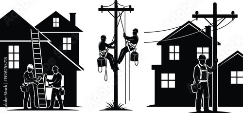Silhouette utility workers repairing electrical infrastructure near houses, climbing poles with safety gear, drilling and inspecting cables, essential maintenance in residential urban environment