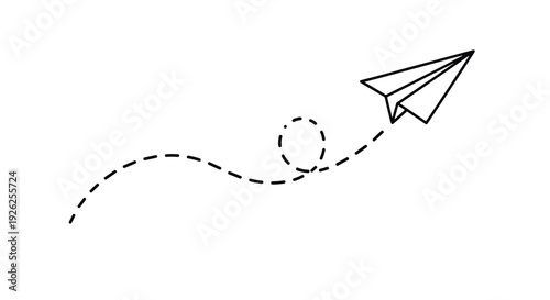 Simple black and white line drawing of a paper airplane flying along a dashed path with a loop indicating movement and travel.