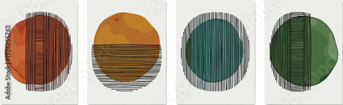 Four distinct circular designs with varying colors and layered patterns displayed vertically in a grid