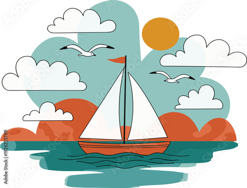 Sailboat glides across serene ocean waters under sunny sky with fluffy clouds and seagulls flying overhead