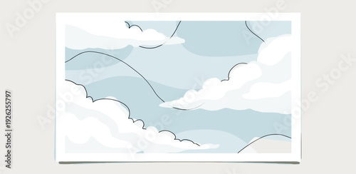 Serene illustration of fluffy clouds and rolling hills from an aerial viewpoint on a gentle day