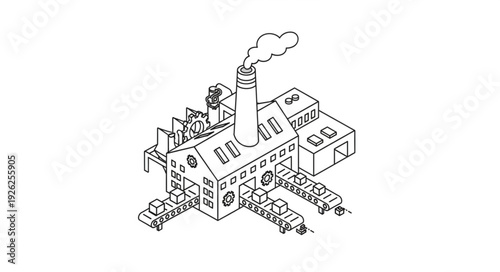 Industrial Factory Building with Smokestack.