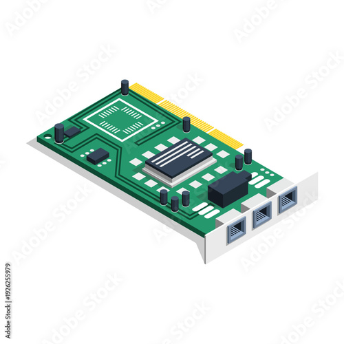 Green Printed Circuit Board with Electronic Components and Ethernet Ports.