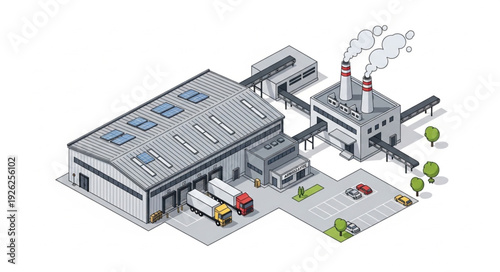 Industrial Factory Building with Trucks.