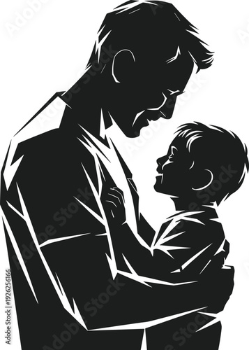 Father hugging child silhouette vector illustration with sharp geometric lines embrace