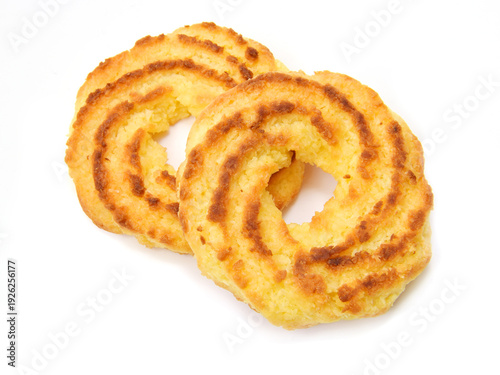 Two cocoa pastries in ring shape baked to Christmas top view