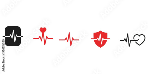 Collection of diverse vector graphic illustrations representing heart rhythm electrocardiogram monitor displays and icons.