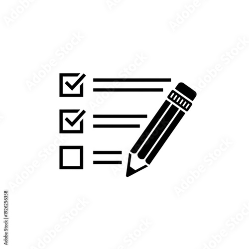 A functional black and white vector image of a checklist with marked boxes and a pencil to illustrate completion of tasks and surveys.