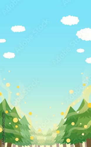 飛散する花粉とスギ並木と青空のイラスト_縦