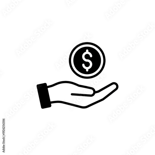 A symbolic black and white vector image featuring a human hand held out to receive a single large coin with a dollar sign.