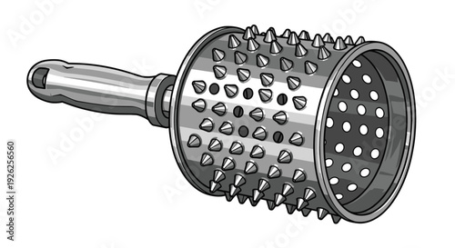 Detailed grey and black illustration of a cabasa percussion instrument with a textured cylinder and a handle on white background.