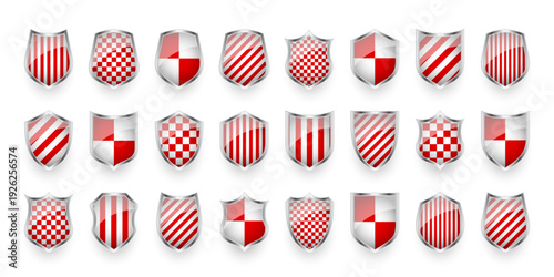 Glossy shields with red and black white. Security and protection concept. Cyber safety icons, internet privacy, web defense, digital data protection and antivirus themes. Vector illustration