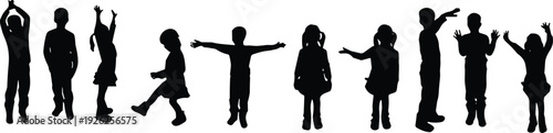 Children silhouette collection vector illustration, happy kids playing jumping standing poses, black shadow figures isolated design