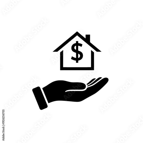 A solid black silhouette vector image of a hand holding a house with a dollar sign signifying mortgage assistance, real estate investment, or home loans.