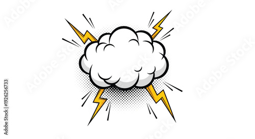 White fluffy cloud surrounded by yellow lightning bolts and dots in a classic pop art comic book style on a white background.