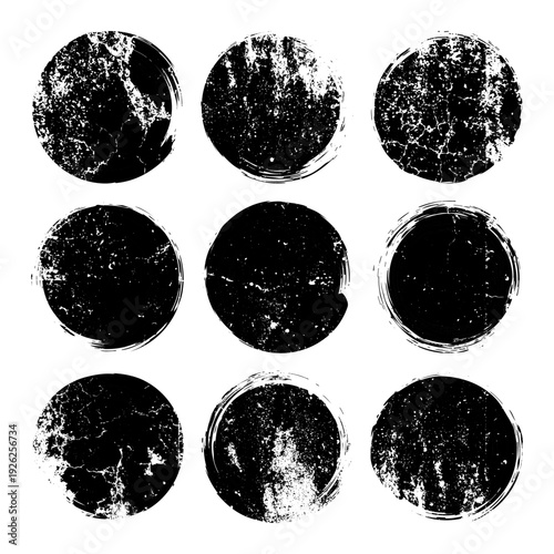 Grunge circles with stains and scratches. Circle brush stroke, round shape design element. Distressed dirty text frame, border, sticker or label. Paintbrush, ink stains. Vector illustration