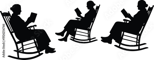 Elderly woman reading book rocking chair silhouette vector illustration, senior female relaxing at home flat design
