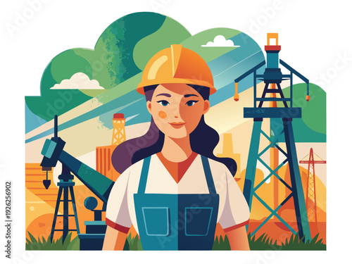 Female engineer in safety gear surrounded by oil rigs and machinery in a vibrant industrial landscape with blue skies and clouds