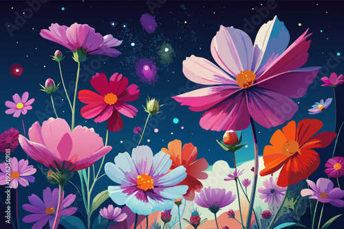 Vibrant cosmic night: colorful cosmos flowers blooming under a starlit sky with abstract galaxy art and floral patterns