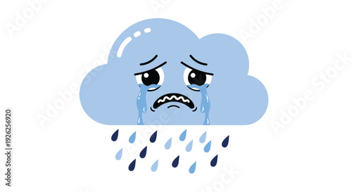 Adorable blue cloud with big sad eyes and tears falling as rain drops below it in a cute and emotional character design.