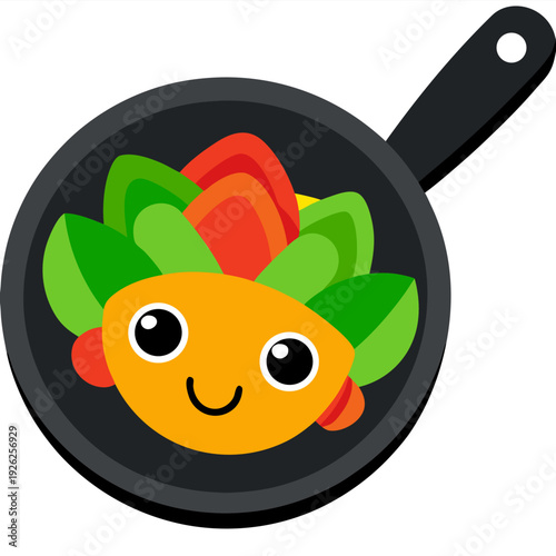 Colorful smiling vegetable cartoon frying pan: bright faces, leaves, and peppers on black skillet