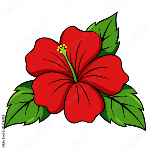 Vibrant red hibiscus with green leaves on white background capturing exotic tropical flower beauty and nature's elegance