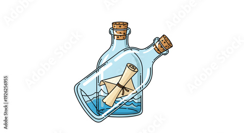 Glass bottle containing a rolled paper scroll with a string floating on blue water waves against a white background.