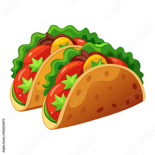Colorful cartoon tacos filled with fresh vegetables including lettuce, tomatoes, and peppers on white background