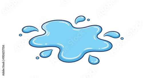 Simple blue water puddle on a white background with several small droplets splashed around its edges in a cartoon style.