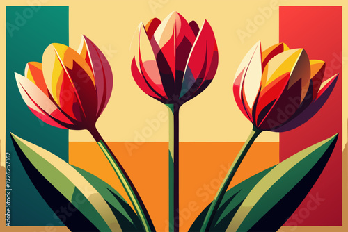 Vibrant geometric tulip trio against colorful abstract rectangles: bold artistic florals with modern design elements