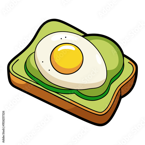 Cartoon-style avocado toast with a perfectly cooked egg on top, featuring vibrant colors and bold outlines on a white background