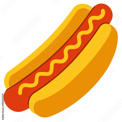 Colorful hot dog illustration featuring vibrant mustard swirl on a bun with sausages perfect for fast food and barbecue designs