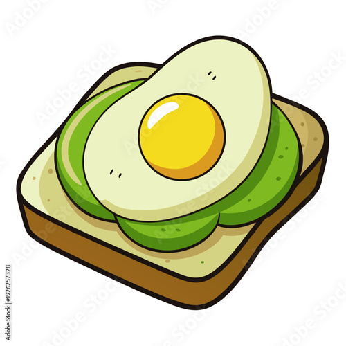 Colorful cartoon avocado toast with fried egg on bread - whimsical breakfast artwork in green and yellow tones