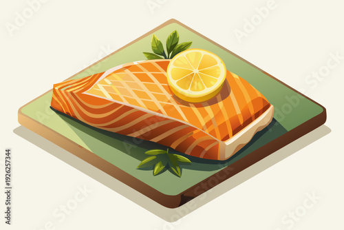 Fresh salmon fillet with lemon slice and herbs on cutting board for a healthy gourmet meal