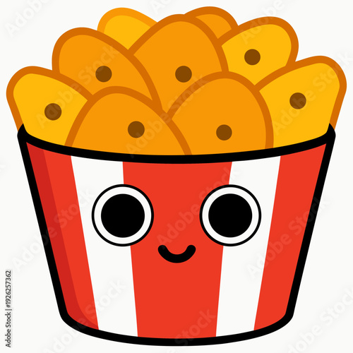 Cute cartoon style fried chicken bucket with happy face and striped red-white container filled with crispy, juicy nuggets