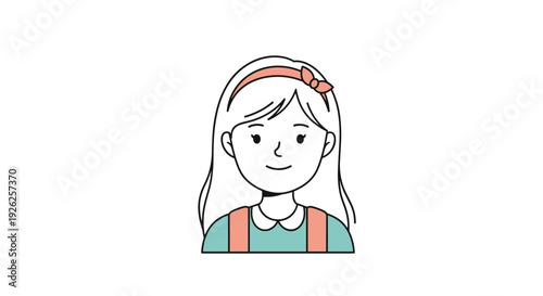 Simple cartoon illustration of a smiling young girl with long blonde hair wearing a pink headband and a teal dress.