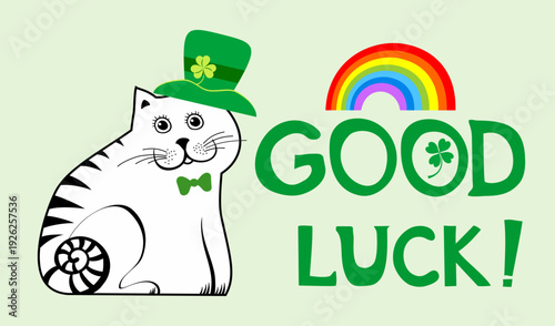 Good luck! Happy St. Patrick's day. Holiday Greeting Card. Celebration green background with cat  in St. Patrick's Day costume, rainbow  and place for your text. Vector illustration